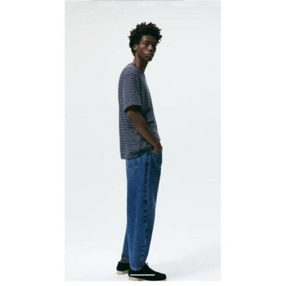 Zara MEN STRIPED ROUND NECK T-SHIRT NAVY/WHITE short s 90%cotton New - Picture 5 of 11